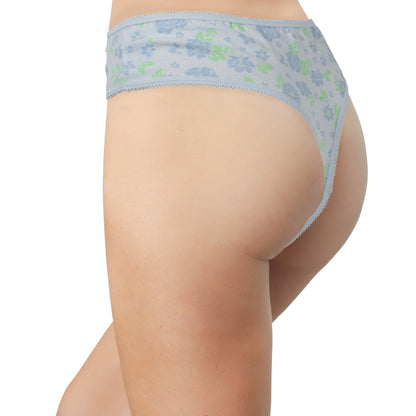 Printed Cotton High Waist Thong with Picot Trim