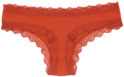 Red Rib Microfiber Thong with Lace Trim